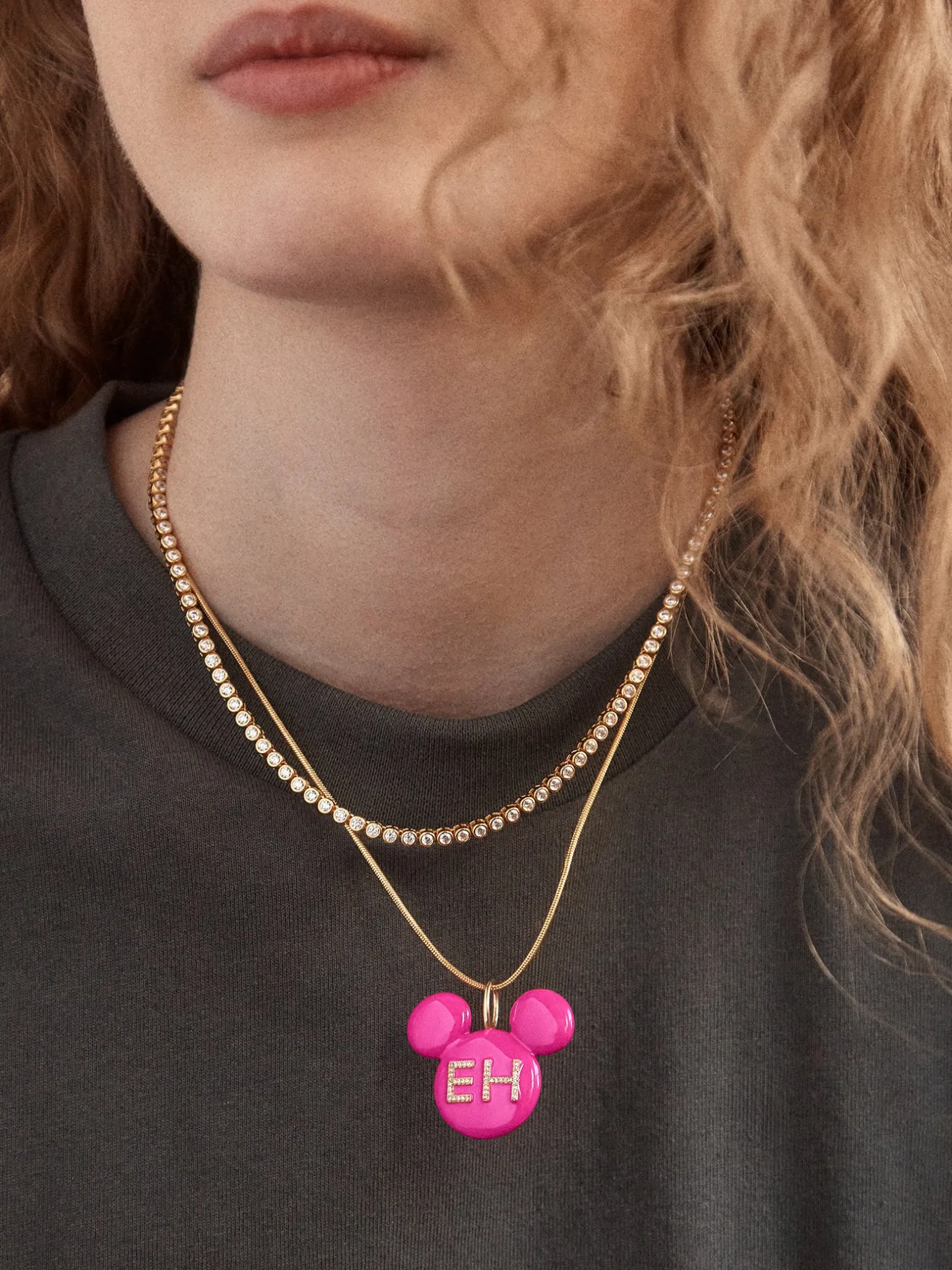 Disney Mickey Mouse Enamel Custom Initial Necklace - Pink
