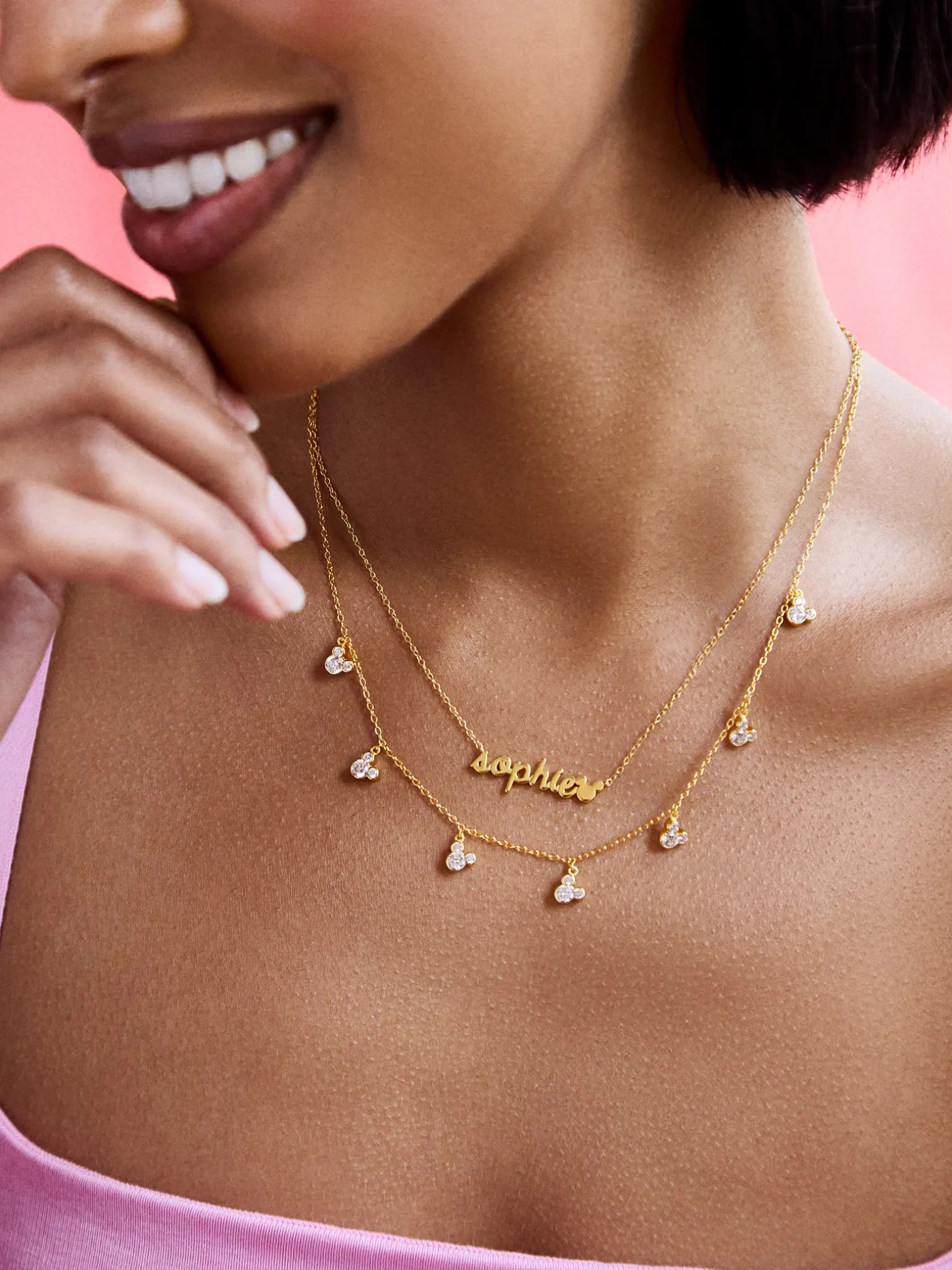 Disney Mickey Mouse 18K Gold Plated Sterling Silver Custom Nameplate Necklace - Gold/Pavé