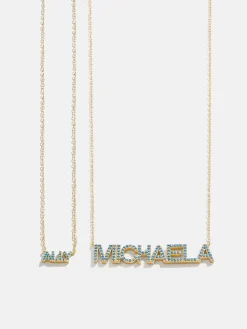 18K Gold Vermeil Birthstone Custom Nameplate Necklace - Blue Zircon