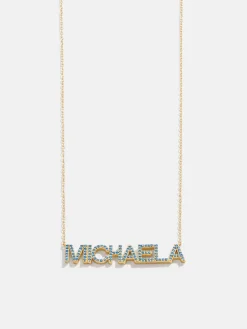 18K Gold Vermeil Birthstone Custom Nameplate Necklace - Blue Zircon