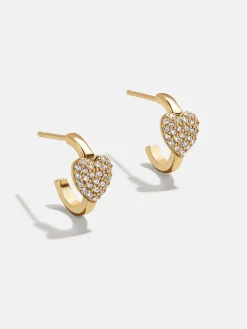 18K Gold Vermeil Heart Delicate Hoop Earrings - Puffy Pavé Heart