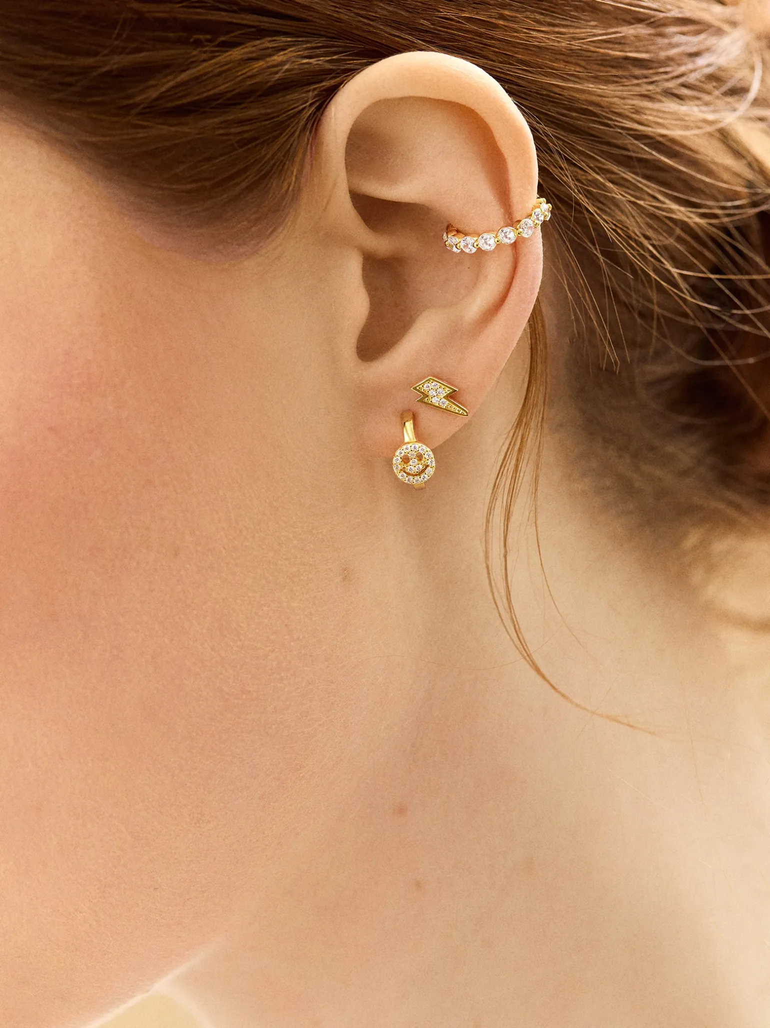 18K Gold Vermeil Smiley Delicate Hoop Earrings - Pavé Smiley Face