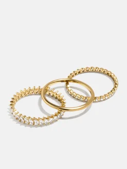 18K Gold Vermeil Willow Ring Set - Gold/Pavé