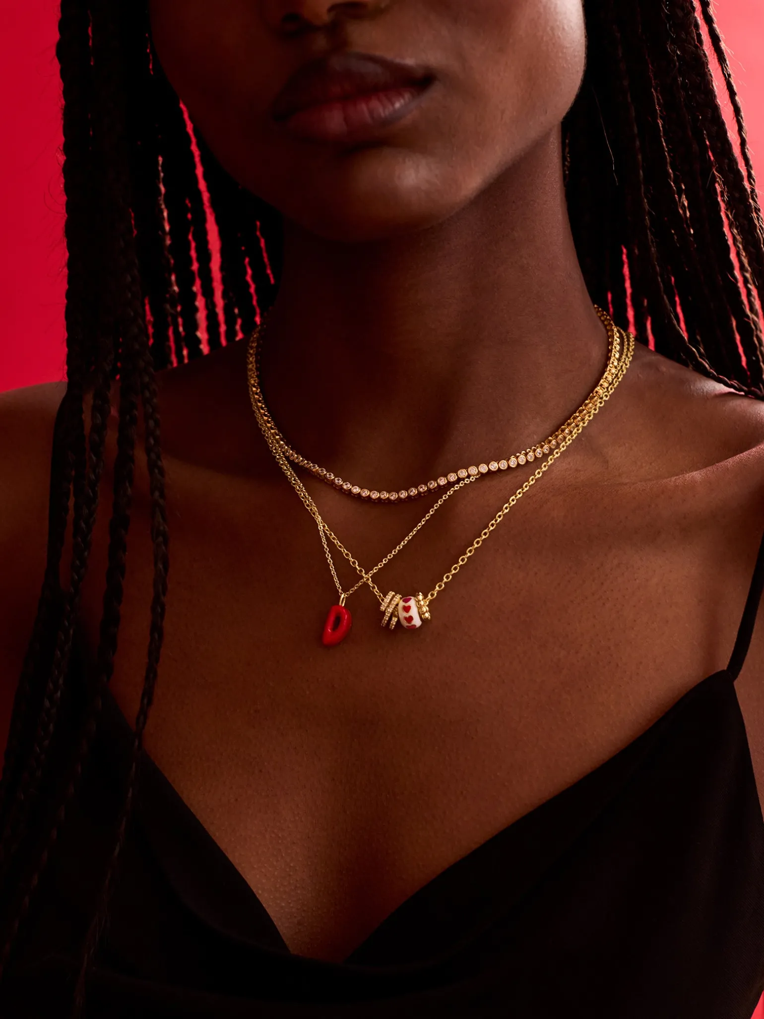 Mini Bubble Initial Enamel Necklace - Dark Red