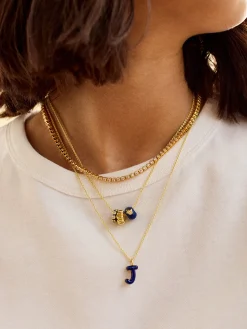 Mini Bubble Initial Enamel Necklace - Dark Blue