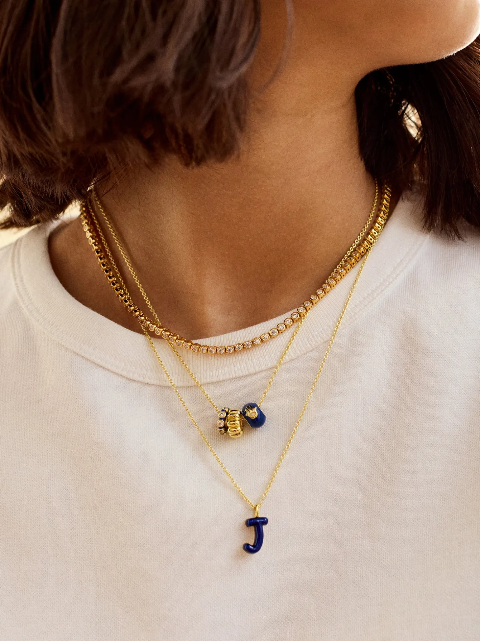 Mini Bubble Initial Enamel Necklace - Dark Blue