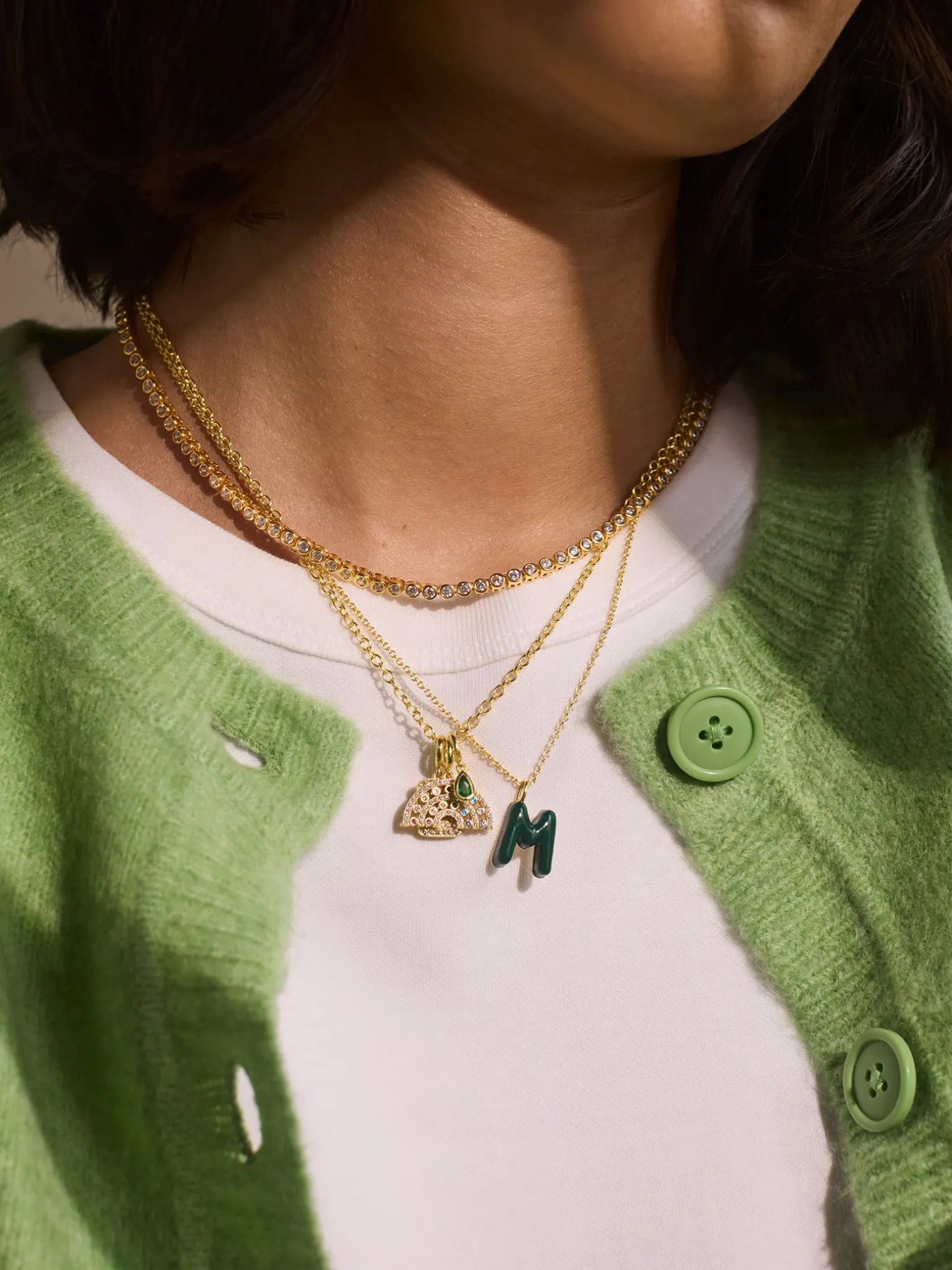 Mini Bubble Initial Enamel Necklace - Dark Green