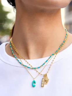 Mini Bubble Initial Enamel Necklace - Turquoise