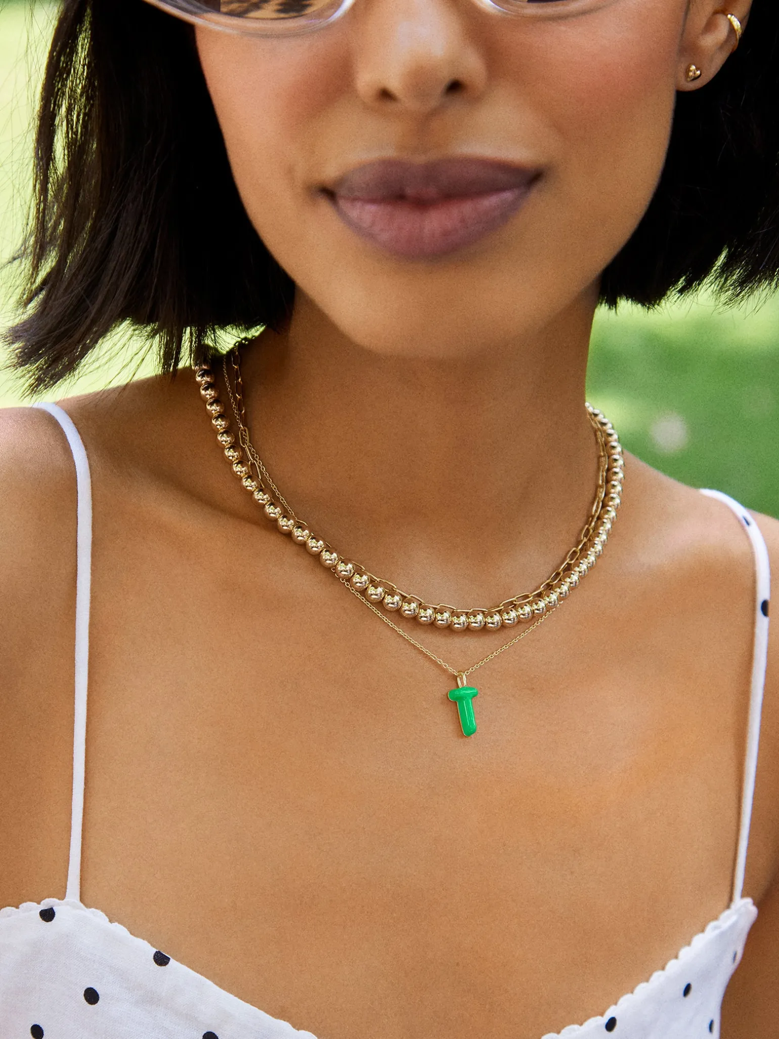 Mini Bubble Initial Enamel Necklace - Bright Green