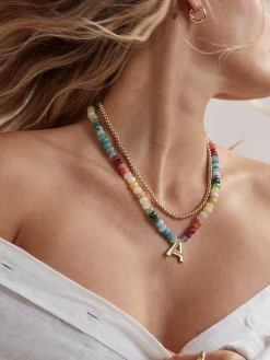 Semi-Precious Block Initial Necklace - Multi