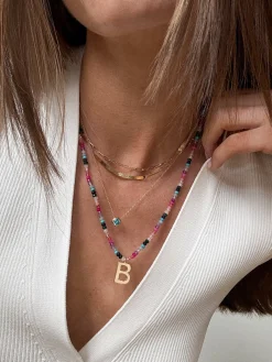 Semi-Precious Block Initial Necklace - Dark Multi