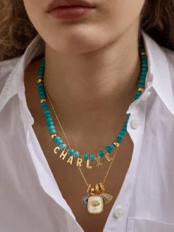 Semi-Precious Gold Custom Nameplate Necklace - Gold/Blue