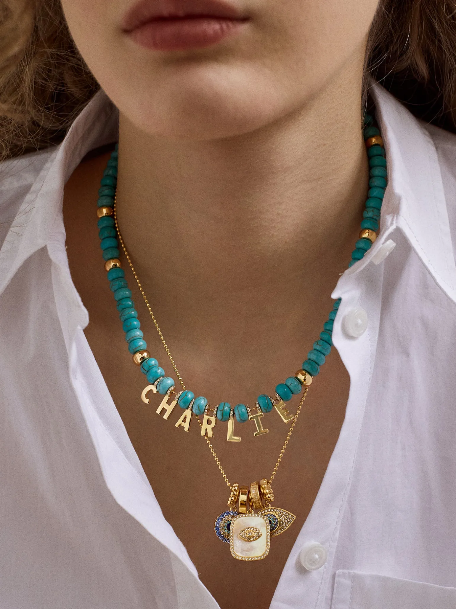 Semi-Precious Gold Custom Nameplate Necklace - Gold/Blue