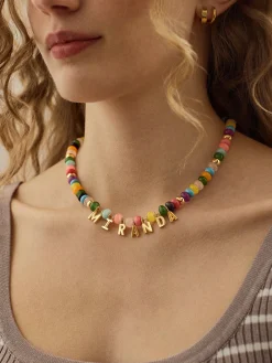 Semi-Precious Gold Custom Nameplate Necklace - Gold/Multi