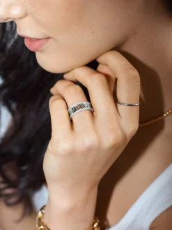 Sterling Silver Cutout Custom Name Ring - Pavé/Silver